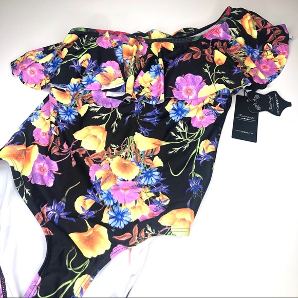 Flower Women’s One Piece Shoulder Swimsuit NWT Black Pink Small - Picture 8 of 16